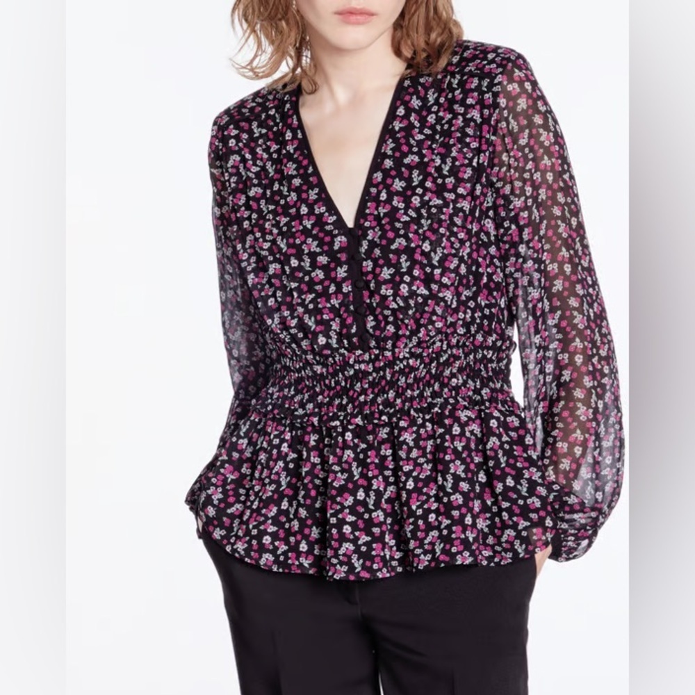 The Kooples Black and Pink Floral Blouse